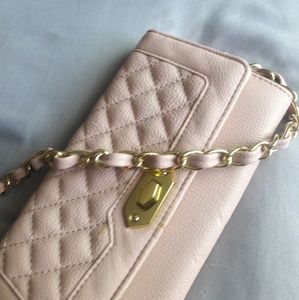 Pink clutch with detachable chain